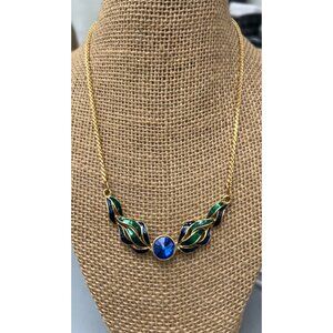 Vintage Attwood Sawyer Necklace A&S Blue Green Enamel Blue Rivoli Rhinestone 17"